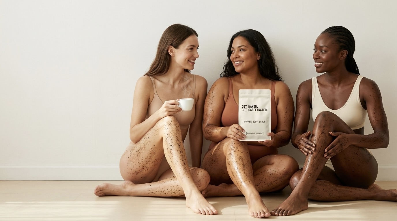Three women sitting together using The Coffee Scrub Co. body scrub